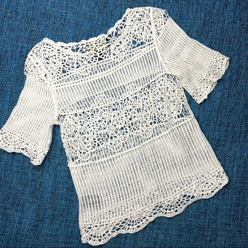 Anthropologie James Coviello White Crocheted Knit Lace Janice Top Women's Small